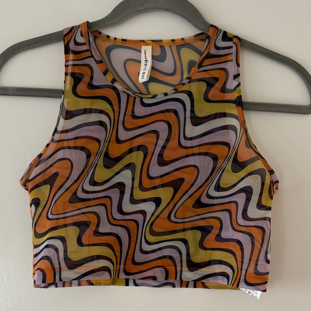 Retro Swirl Pattern Mesh Crop Top